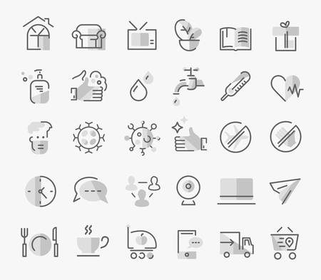 Icon set for coronavirus COVID-19 quarantine, remote working, food delivery, prevention measuresのイラスト素材