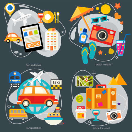 Time For Travel Concept Illustrations, trendy flat bannersのイラスト素材