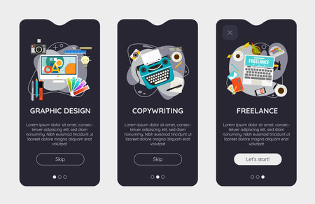 Trendy Graphic Design, Copywriting, Freelance UI Mobile App Splash Onbard Screensのイラスト素材
