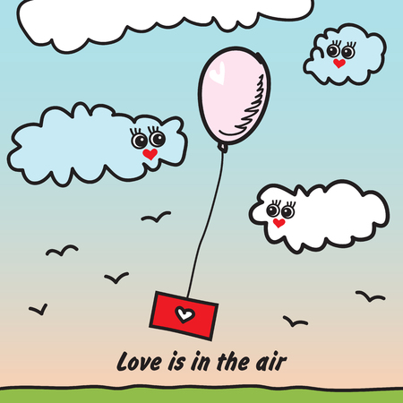 Balloon with love letter flying in the sky with cute clouds. Love is in the airのイラスト素材
