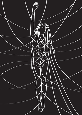 Slim sexy lady waving her hand. Beautiful body. White lines on black background. Line art. Vector illustrationのイラスト素材