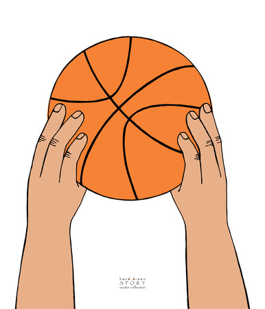 Hands hold basketball ball on white background. Hand drawn sketchのイラスト素材