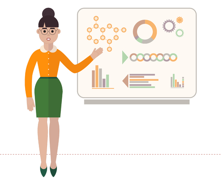 Confident woman in glasses is showing presentation with diagrams on board. Flat style business vector illustration. Isolated on white background.のイラスト素材