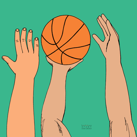 Male hands reaching for basket ball. Playing, holding, throwing. Hand drawn colored sketch. On green backgroundのイラスト素材