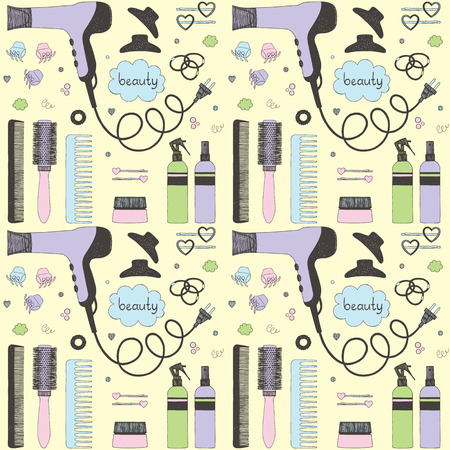 Salon beauty care seamless pattern. Colored hand drawn set of hair styling. Hair dryer, hairbrushes, sprays, scrunchy. Doodle style sketch vector items for background, web, corporate style elementsのイラスト素材