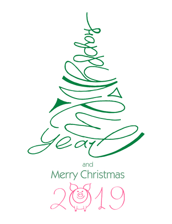 Handwritten Happy New Year 2019 lettering in shape of Christmas Tree. Vector design elements for holiday design, postcard, greeting card, invitation, banner, sticker. Modern ink brush calligraphy.のイラスト素材
