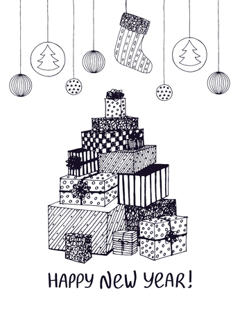 Black and white sketch of New Year presents and gifts in shape of Christmas Tree. Vector hand drawn doodle for holiday design, postcard, greeting card, invitation, banner, sticker. Modern calligraphy.のイラスト素材
