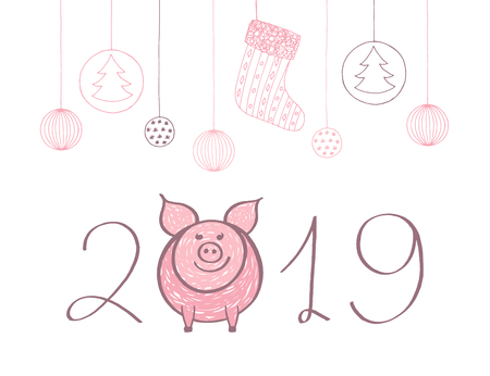 Happy cute funny pink pig 2019. Hand drawn calligraphic cartoon symbol for New Year holiday design, postcard, greeting card, invitation, banner, sticker. Vector doodle line art isolated illustrationのイラスト素材