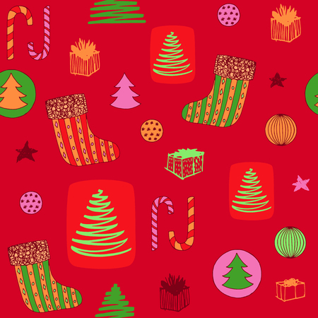 New Year colorful seamless pattern with christmas stocking, candy, christmas tree, balls ang gifts. Hand drawn vector colored design elements. Cute sweet doodle vector background.のイラスト素材