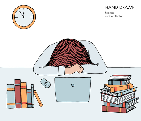 Young girl woman laid her head down on the table. Frustrated, exhausted, sleepy, tired of work. Laptop, computer, pc, books. Hand drawn colored vector sketch illustration isolated on white background.のイラスト素材