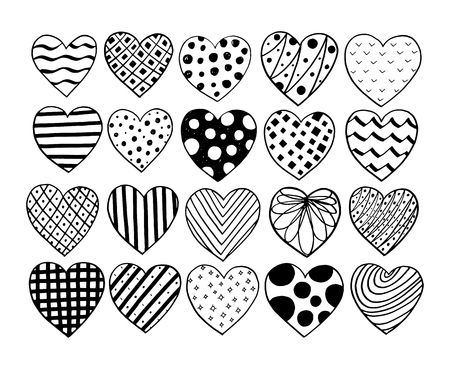Big set of hand drawn hearts. Valentine vector sketch doodle. Graphic design elements. Trendy textures, lines, dots, geometric shapes, many different designs. Black and white, isolated.のイラスト素材