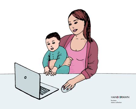 Hand drawn sketch of young mom working on laptop holding her baby boy. Mother with baby son studying. White backgroundのイラスト素材