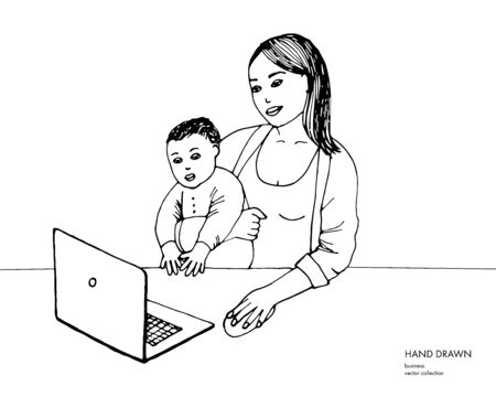 Hand drawn sketch of young mom working on laptop holding her baby boy. Mother with baby son studying. Black line illustration on white backgroundのイラスト素材