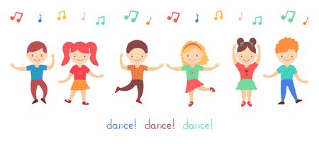 Group of cute cartoon children girls and boys dancing mini disco music party. Happy childhood. Vector clipart illustration isolated on white backgroundのイラスト素材