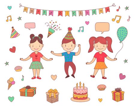 Kids Birthday party celebration. Happy boy dancing with friends girls. Elements set. Cake, air balloon, gift, present box, candy. Vector colorful doodle illustration isolated on white background.のイラスト素材
