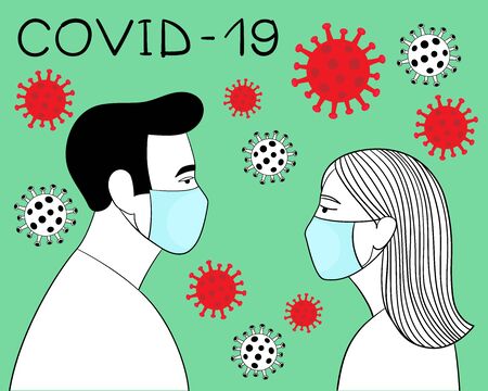 COVID-19 Novel coronavirus 2019-nCoV pandemic. Man and woman in medical face mask. Concept of coronavirus quarantine. Protection from infection. Doodle line art outline vector illustrationのイラスト素材