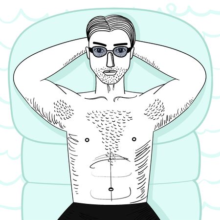 Strong young guy with hairy chest sunbathes on inflatable swimming mattress. Hands under head. Sexy man witn muscle body lying in sunglasses. Isolated vecor illustrationのイラスト素材