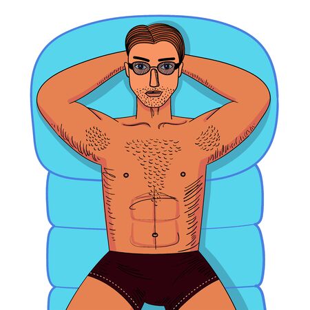 Strong young guy with hairy chest sunbathes on inflatable swimming mattress. Sexy man witn muscle body lying in sunglasses. Bright colored vecor illustrationのイラスト素材
