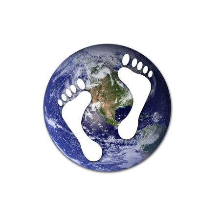 White footprints over Earth to represent environmental issues or carbon footprint. の写真素材