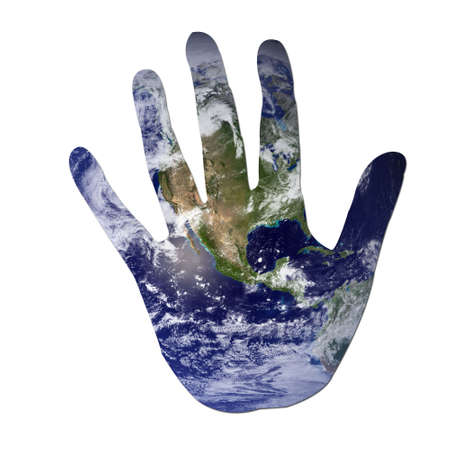 Earth in the shape of a hand isolated on white to symbolize ecological issues. の写真素材