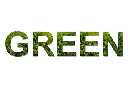 The word GREEN is written with letters made out of a green bush to symbolize ecological issues.の写真素材
