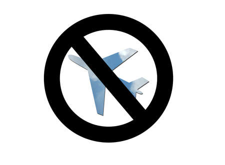 An illustration of an airplane made up of blue sky and a prohibited sign to represent environmental issues or carbon footprint.の写真素材