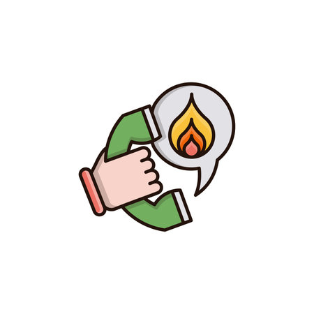 Hand holding a fire in a speech bubble icon. Vector illustration.のイラスト素材
