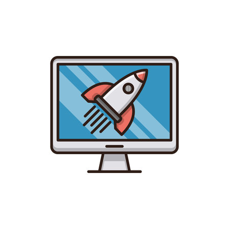 rocket start up in computer screen vector illustration line and fill style iconのイラスト素材