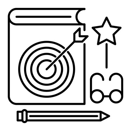 Book and target icon. Outline book and target vector icon for web design isolated on white backgroundのイラスト素材