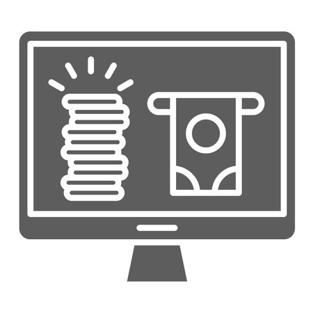 Computer with money solid icon. Money transfer on display glyph style pictogram on white background. Computer for mobile concept and web design. Vector graphics.のイラスト素材