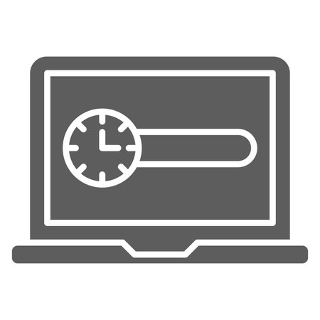 Laptop with clock solid icon. Laptop with time glyph style pictogram on white background. Time signs for mobile concept and web design. Vector graphics.のイラスト素材