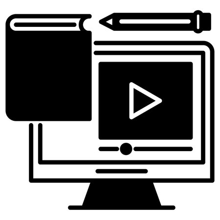 Computer and book with play button icon, education related vector illustration.のイラスト素材