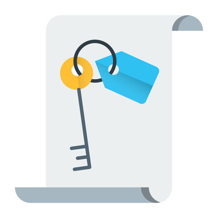Key with paper sheet flat icon. Key vector illustration isolated on white. Key and paper sheet flat style design, designed for web and app. Eps 10のイラスト素材
