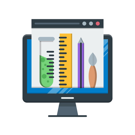 Desktop computer with pencil and eraser. Vector illustration in flat styleのイラスト素材