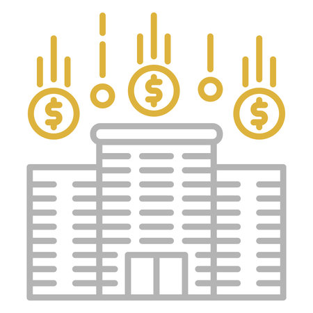 Dollar coins falling from building flat icon. City vector illustration isolated on white. Money glyph style design, designed for web and app. Eps 10のイラスト素材