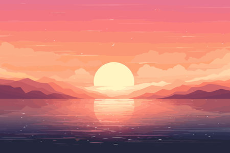 Beautiful sunset over the sea. Vector illustration in a flat style.の素材