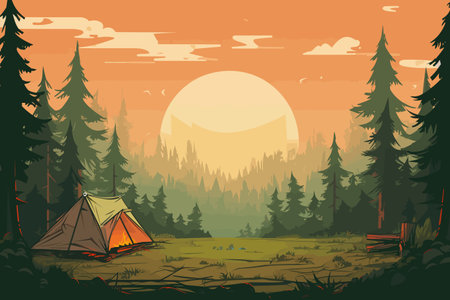 Camping in the forest at sunset. Vector illustration in flat style.の素材