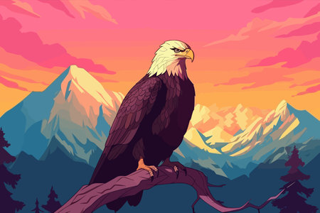 Bald eagle on a branch in the mountains. Vector illustration.の素材