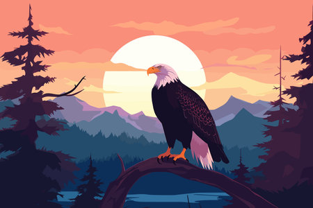 Bald eagle in the mountains at sunset. Vector cartoon illustration.の素材