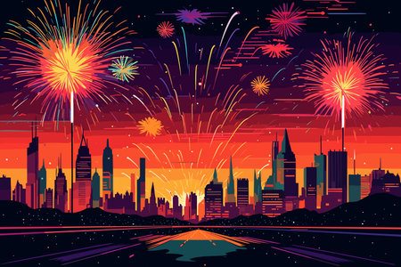 Fireworks over Kuala Lumpur city skyline at night, vector illustration.の素材