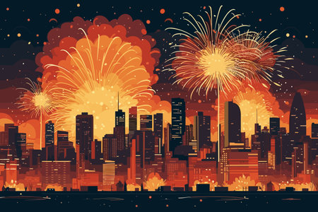Fireworks over the city. Vector illustration of a firework over the city.の素材