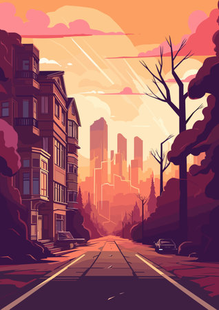 City street at sunset. Urban landscape. Vector illustration in flat styleの素材