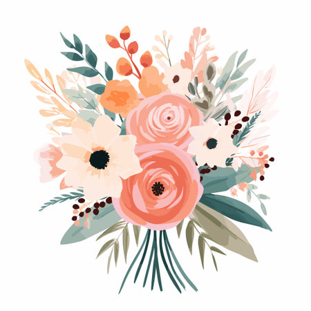 Floral bouquet with roses, anemones, eucalyptus and leaves. Vector illustration.の素材