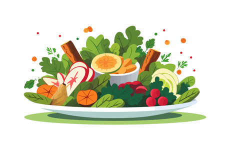Vegetable salad on a plate. Vector illustration in flat style.の素材