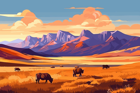 Nature landscape with wild bison and mountains. Cartoon vector illustration.の素材