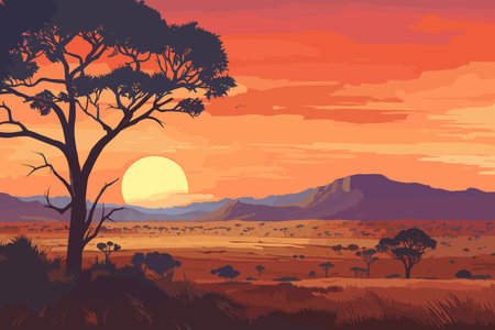Sunset in the savannah. Vector illustration of a beautiful landscape.の素材