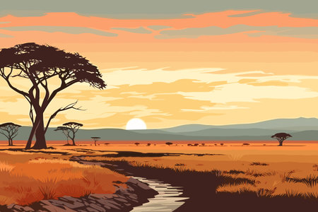 African savannah landscape at sunset. Vector illustration. Eps 10.の素材
