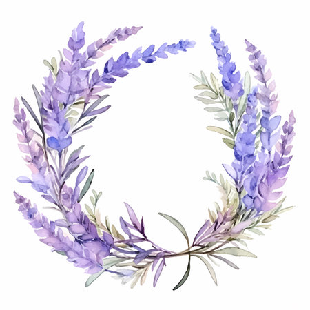 Watercolor lavender wreath. Hand painted illustration on white backgroundの素材