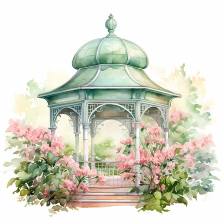 Gazebo with flowers. Watercolor illustration on white backgroundの素材