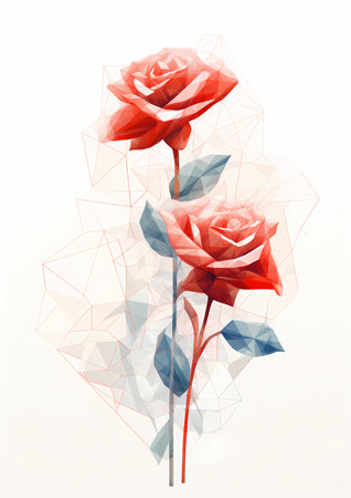 Abstract red rose on a white background with polygonal mesh.の素材
